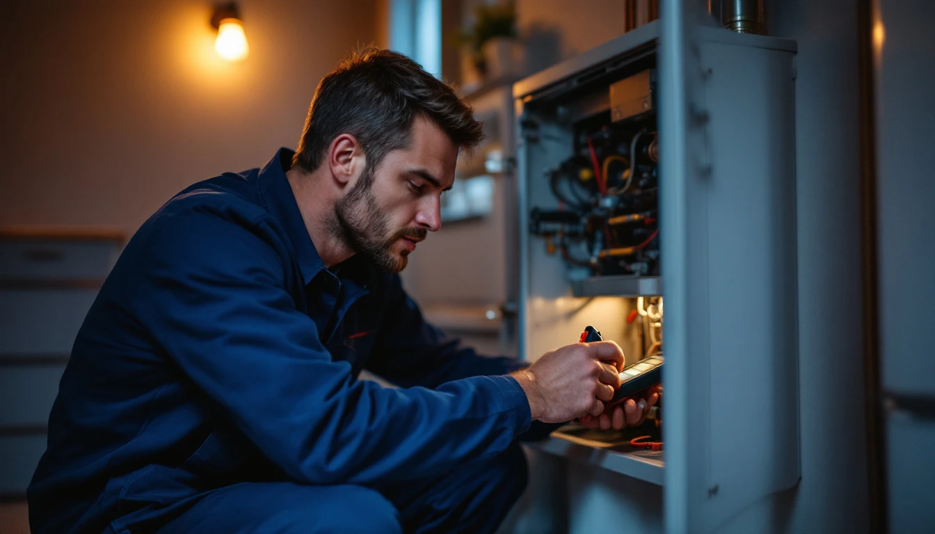 A heating engineer servicing an open domestic boiler cabinet