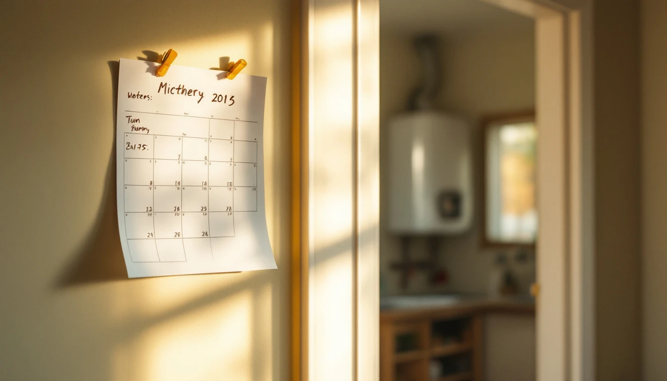 A calendar on a kitchen wall in a British rental property with a reminder note pinned near it