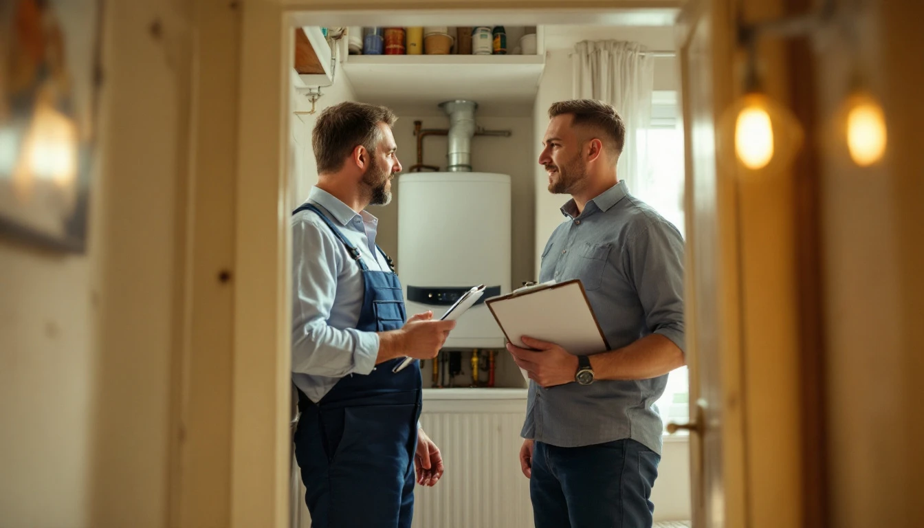 A landlord and a plumber standing together looking at a slightly dated boiler in a rented flat's utility cupboard