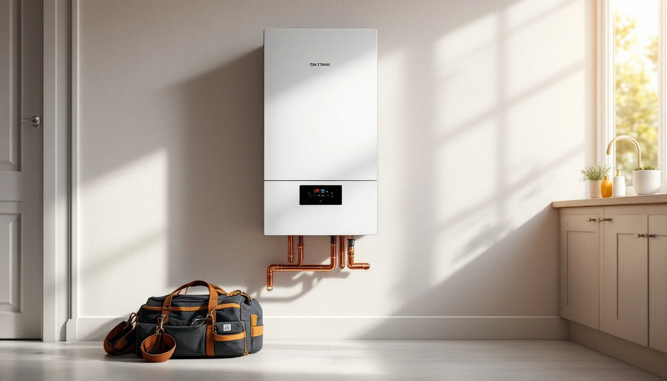 A newly installed white combi boiler on a kitchen wall with copper pipework