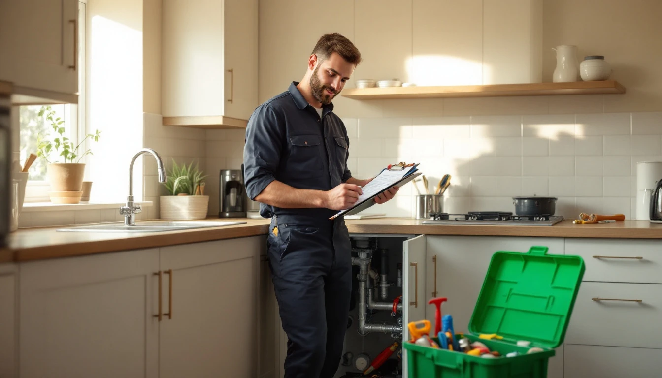 A plumber writing a quote on a clipboard next to a kitchen pipework repair