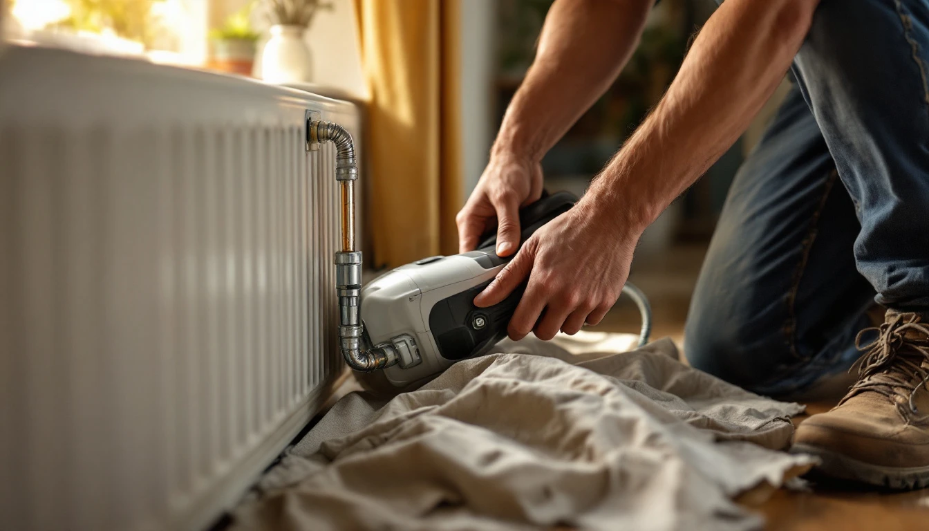 A plumber connecting a power flushing machine to a domestic radiator